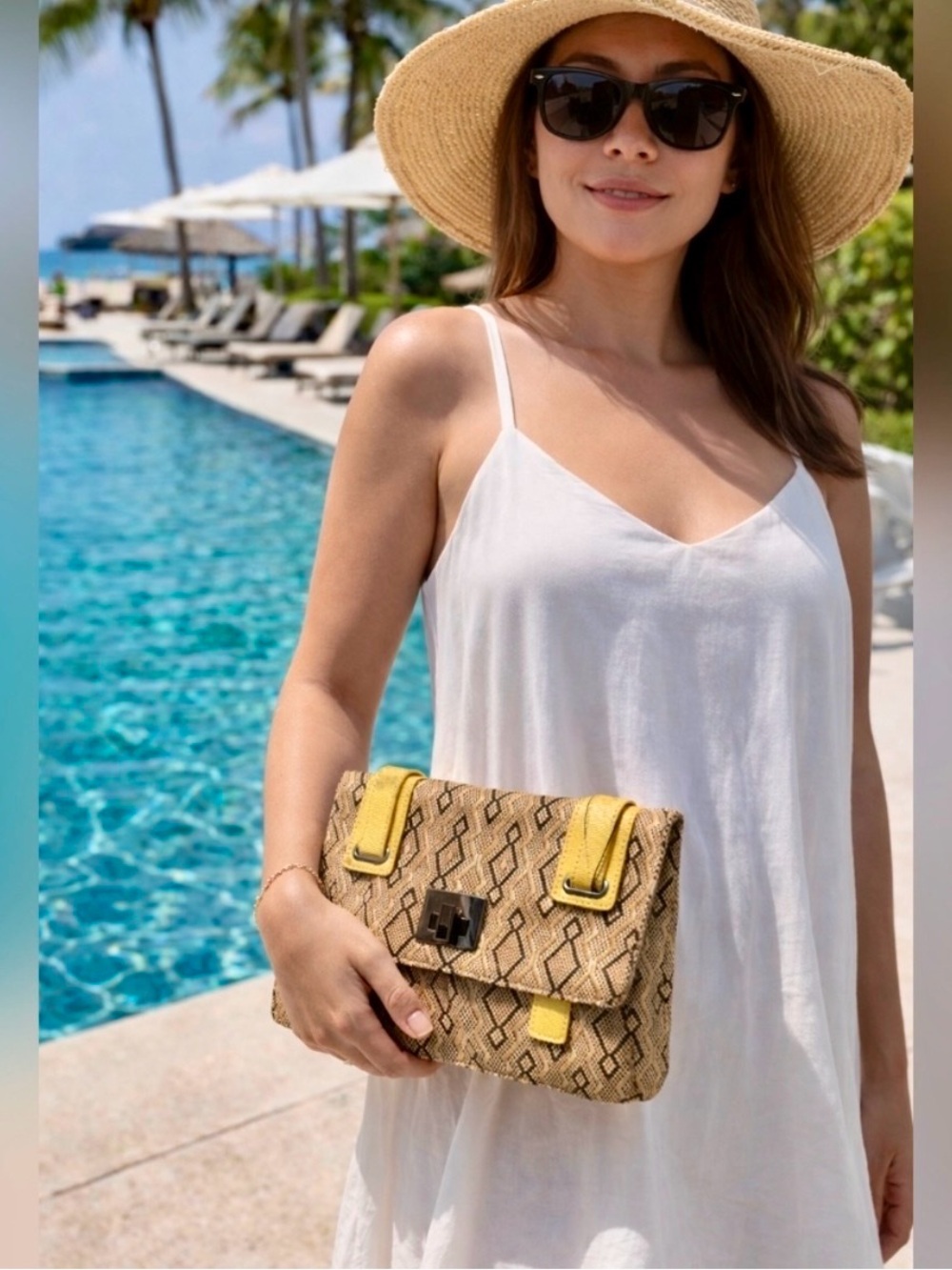 BCBGeneration Woven Natural Clutch with Yellow Accents #1259